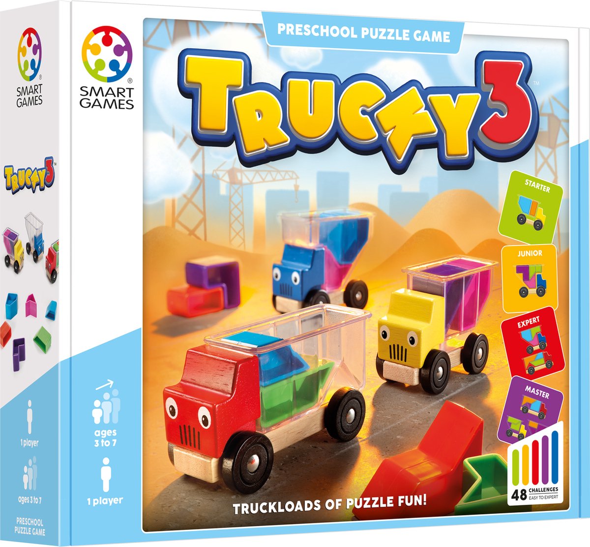 SmartGames trucky 3 - logisch denkspel speelgoedauto's - 48 educatieve puzzelopdrachten - solospel voor kleuters - vanaf 3 jaar