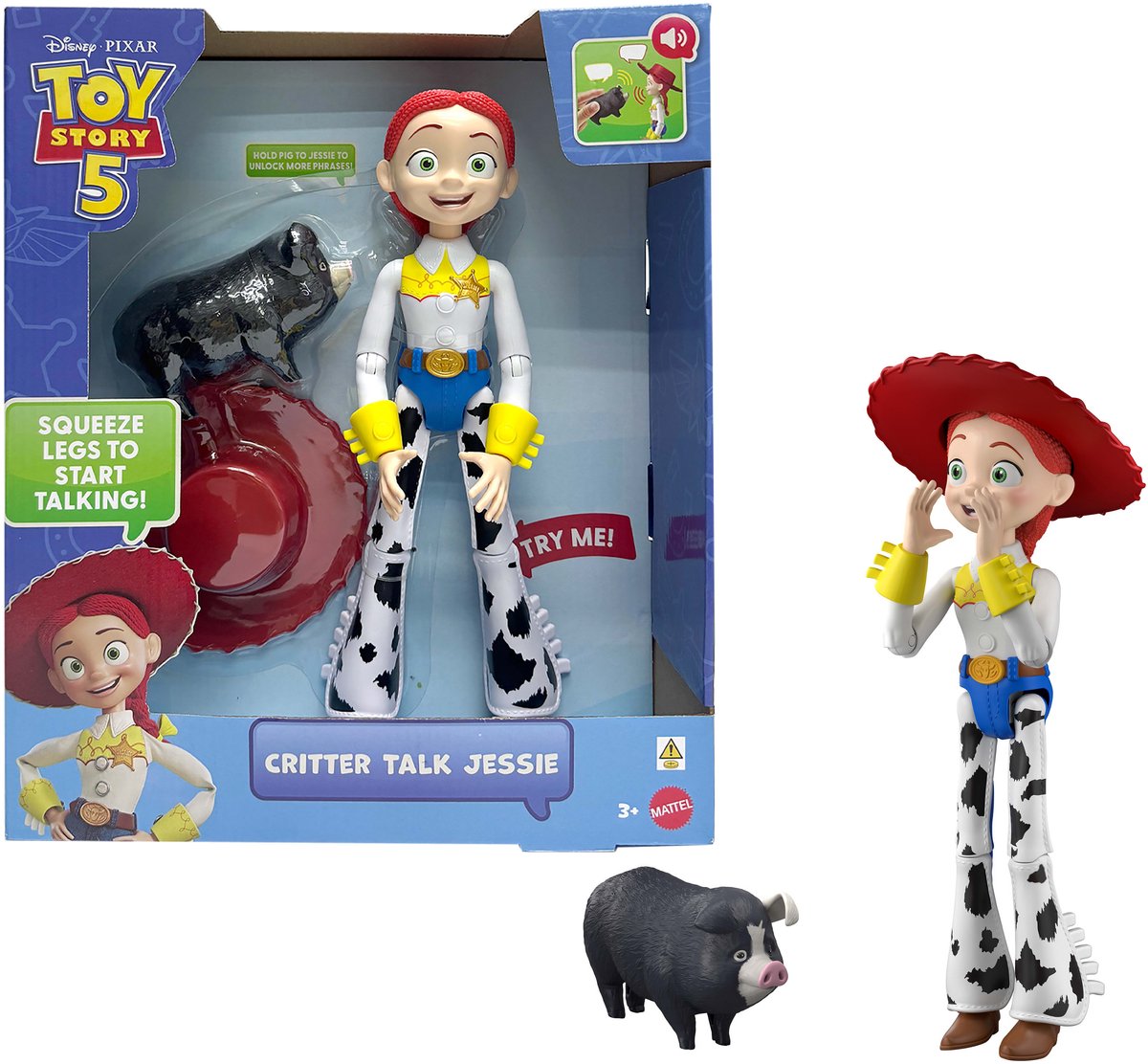Mattel Disney en pixar toy story 5 beestenpraat jessie - actiefiguur van 30 cm en jd varken met 35 geluiden - frans