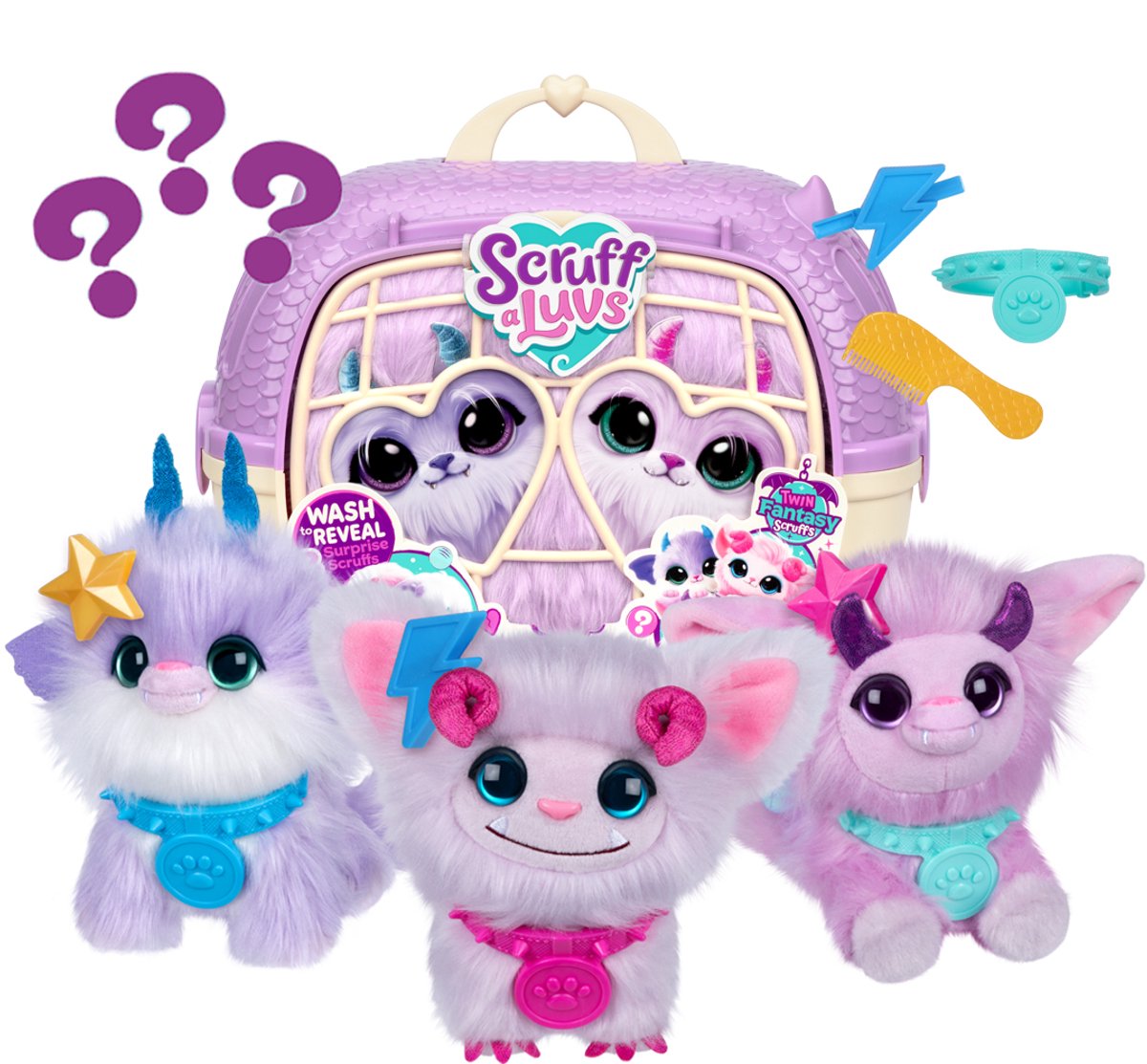 Moose Toys Scruff a luvs – twin fantasy knuffels in draagmand – 2 magische mystery pluche knuffels