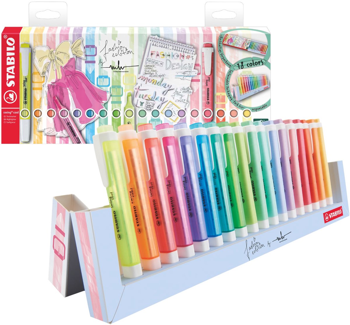 STABILO swing cool - markeerstift - perfect voor onderweg - standaard pastel - deskset met 18 kleuren