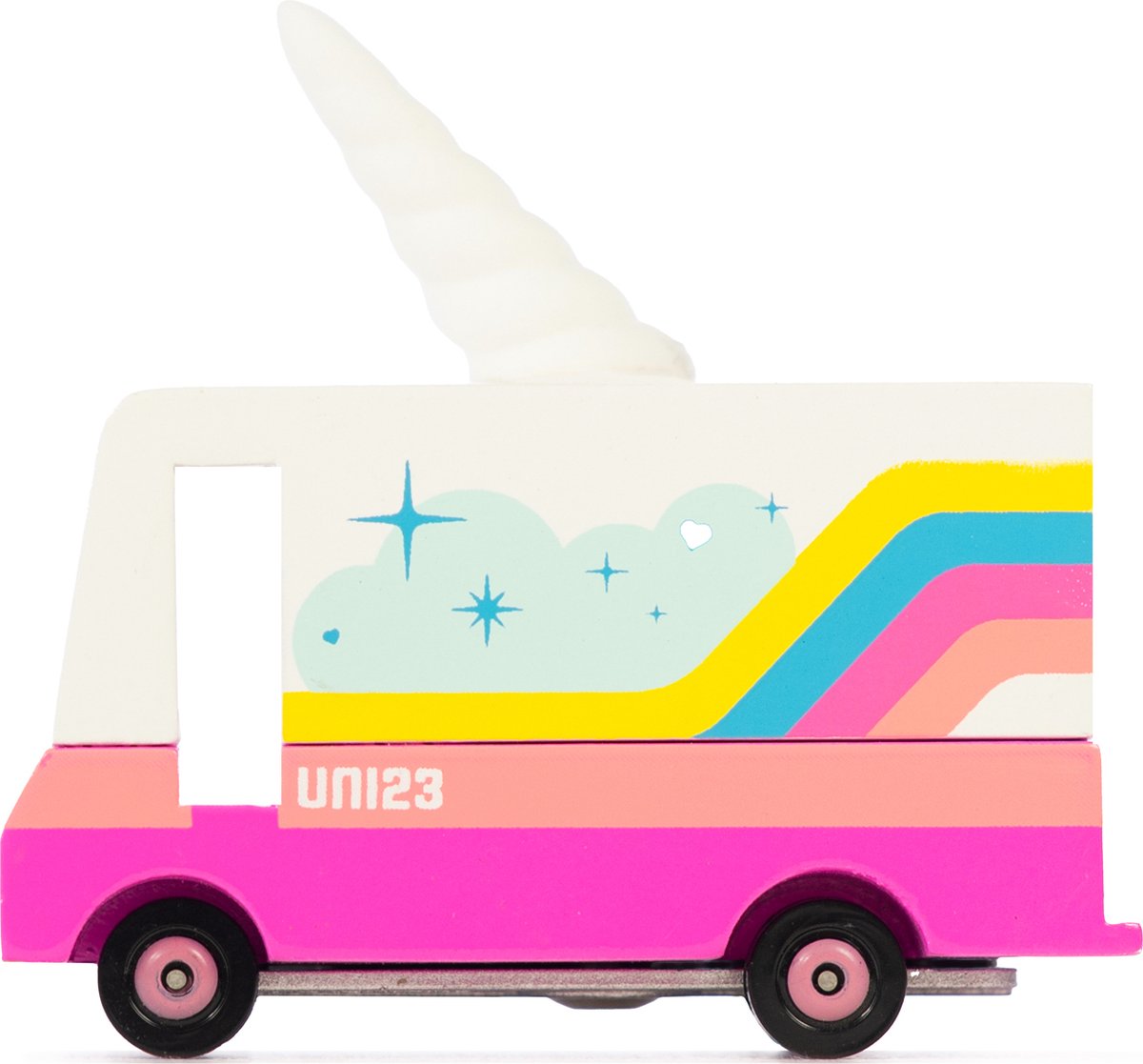 Candylab Toys Candycar vans: unicorn 2.0 van (uni23) 8,4x4,1x6,5cm, wooden diecast, in giftbox, 3+