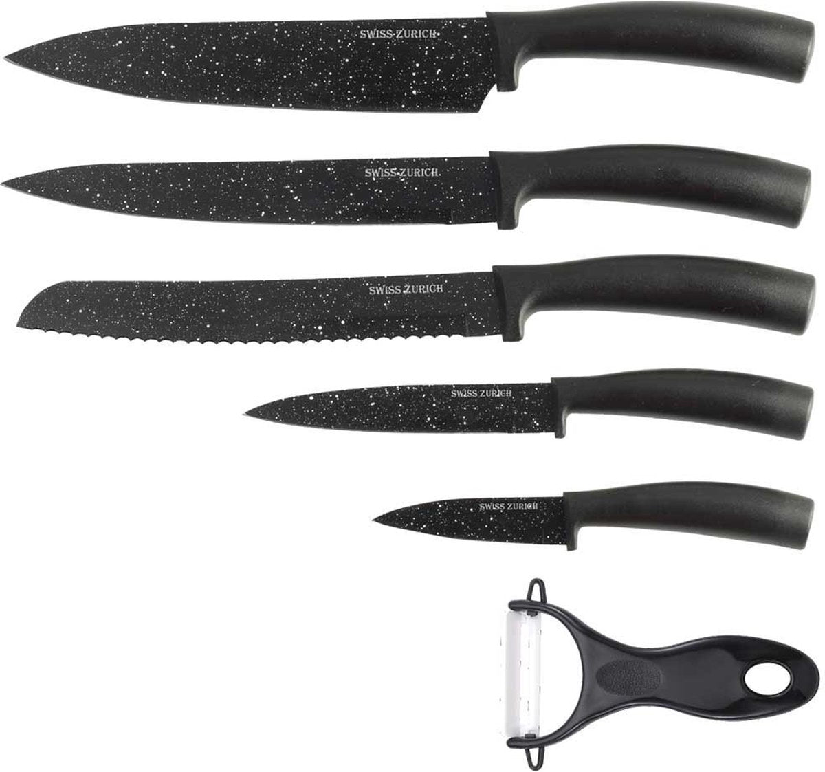 KINGHOFF Messen in een 6-delige set - staal met een gemarmerde coating - in geschenkdoos - zwart -