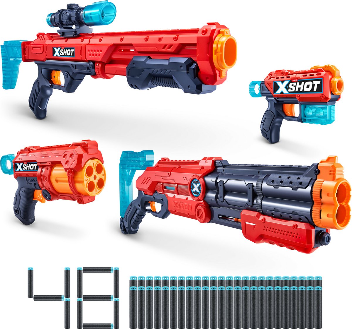 XSHOT excel ultimate shootout pack (4 blasters, 48 darts, 6 cans) van zuru - speelgoedblaster
