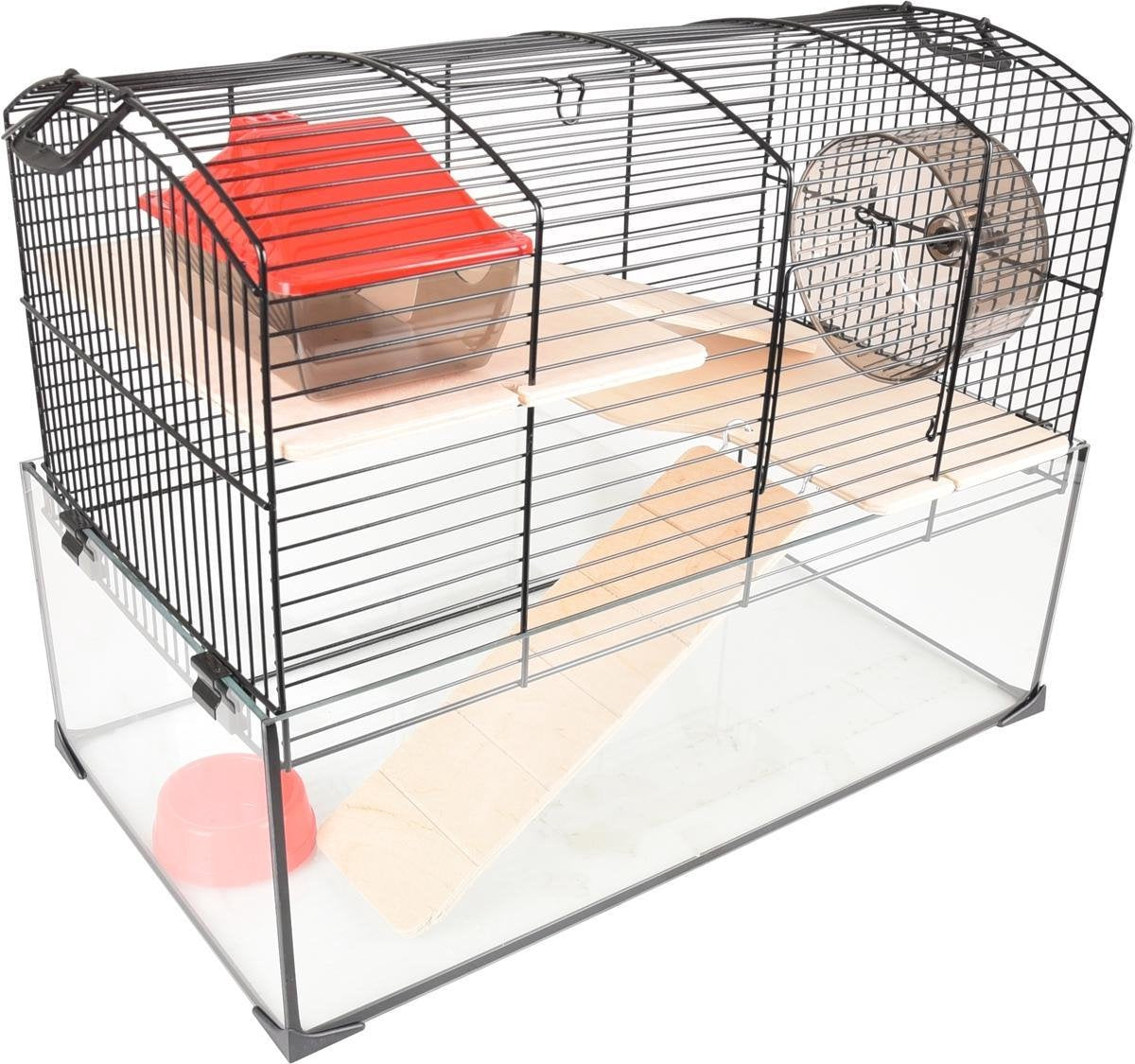 Flamingo Hamsterkooi – vitru 1 – hamsterkooi met glazen bodem – complete kooi met looprad, platformen en accessoires – zwart – 51,5x29x40 cm – europese kwaliteit