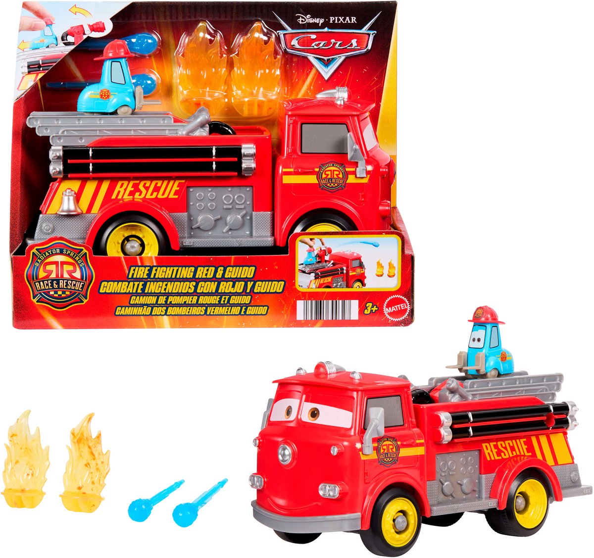 Mattel Disney en pixar cars radiator springs racen en redden - brandweer - red en guido speelset
