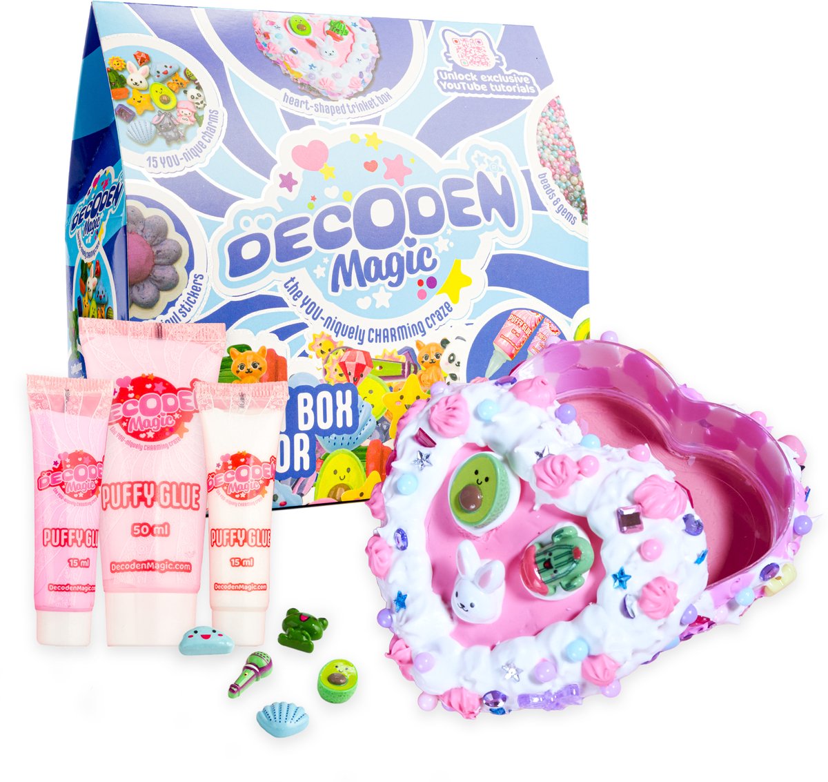 Gear2Play Decoden magic - classic: trinket box creator - hartjes sieradendoosje knutselset – puffylijm, kralen stickers