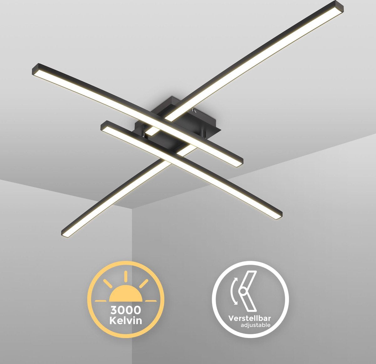 B.K.Licht - led plafonniére - zwarte plafondlamp - draaibar - woonkamer lamp met warm wit licht 3.000k - 2.200lm - 20w