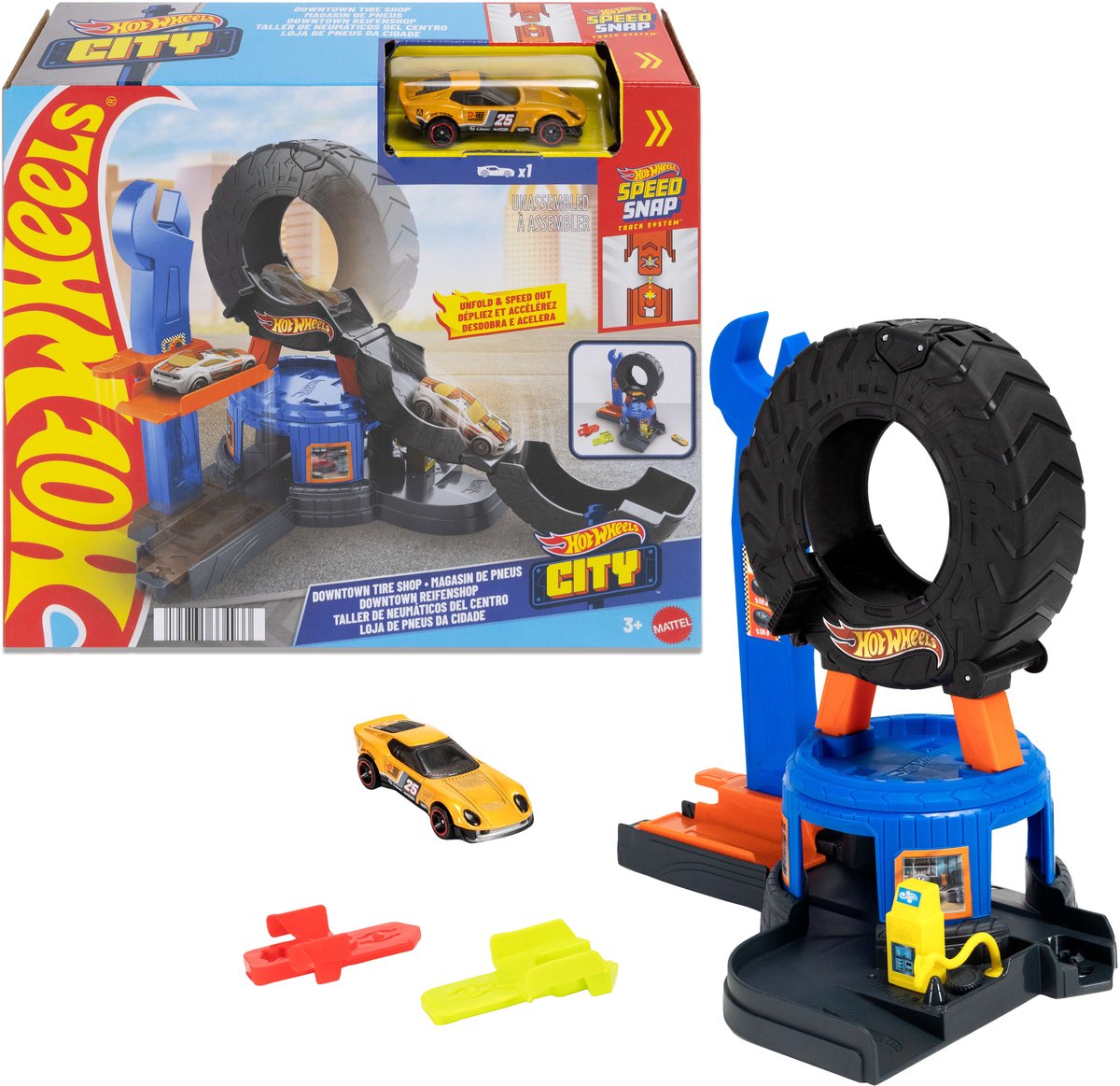 Hot Wheels city centrum bandenwerkplaats - speelset en speelgoedauto - geschikt voor het snel-klik-baansysteem