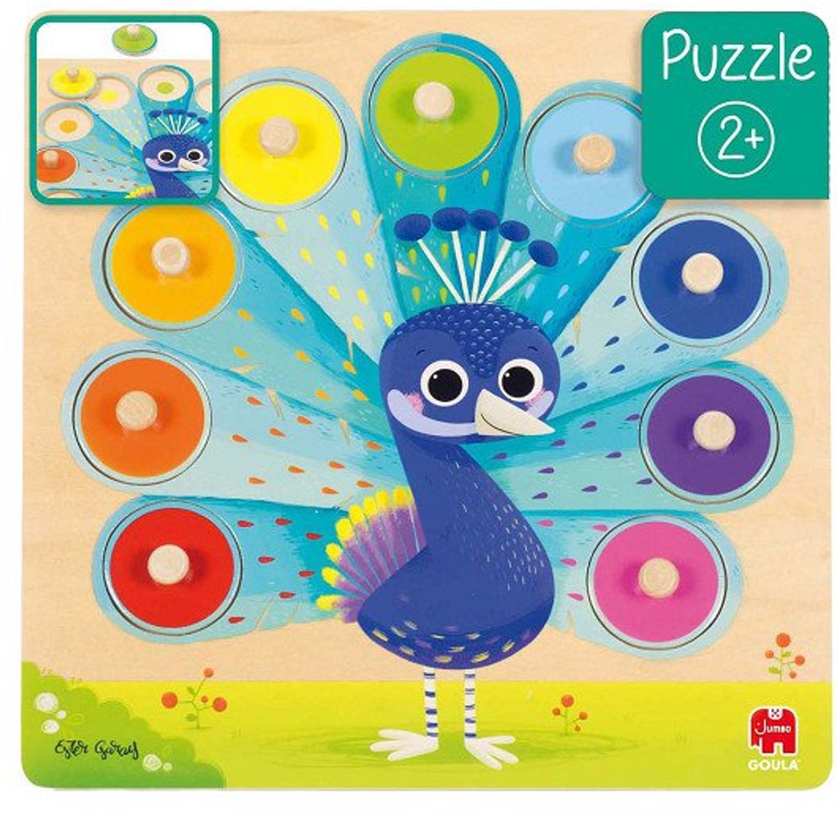 Goula Jumbo - houten noppenpuzzel pauw, 9st.