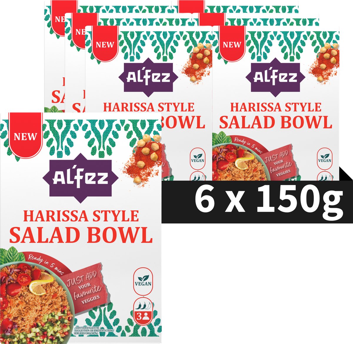 Al'Fez Al’fez harissa salad bowl - 6 x 150 gram - vegan couscous salade - pittige kruiden - voordeelverpakking