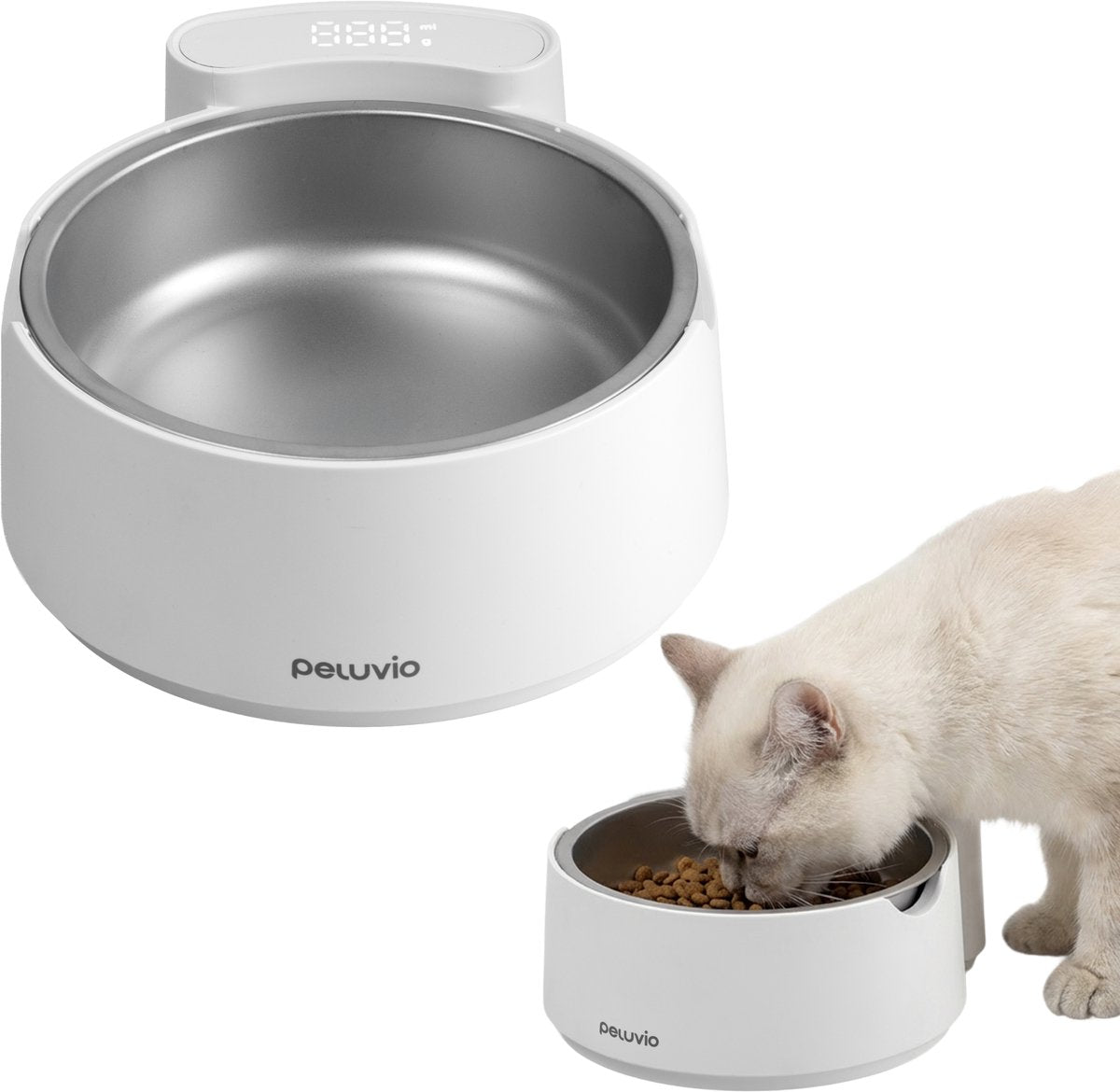 PELUVIO scalo – kattenvoerbak met digitale weegschaal – nauwkeurigheid 1 g – rvs voerbak met tare functie – voor droog-, natvoer en water – meting in gram ml – lfgb gecertificeerd – 700 g capaciteit – batterijvoeding