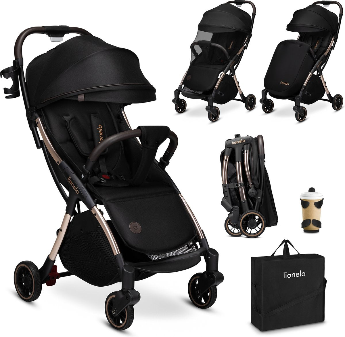 Lionelo julie one buggy - kinderwagen tot 22 kg - premium - automatisch opvouwbaar - rugleuning tot ligpositie - ventilatiepaneel - verlengde kap met venster - eco-leer details - inclusief voetenzak, bekerhouder, muskietennet, transporttas