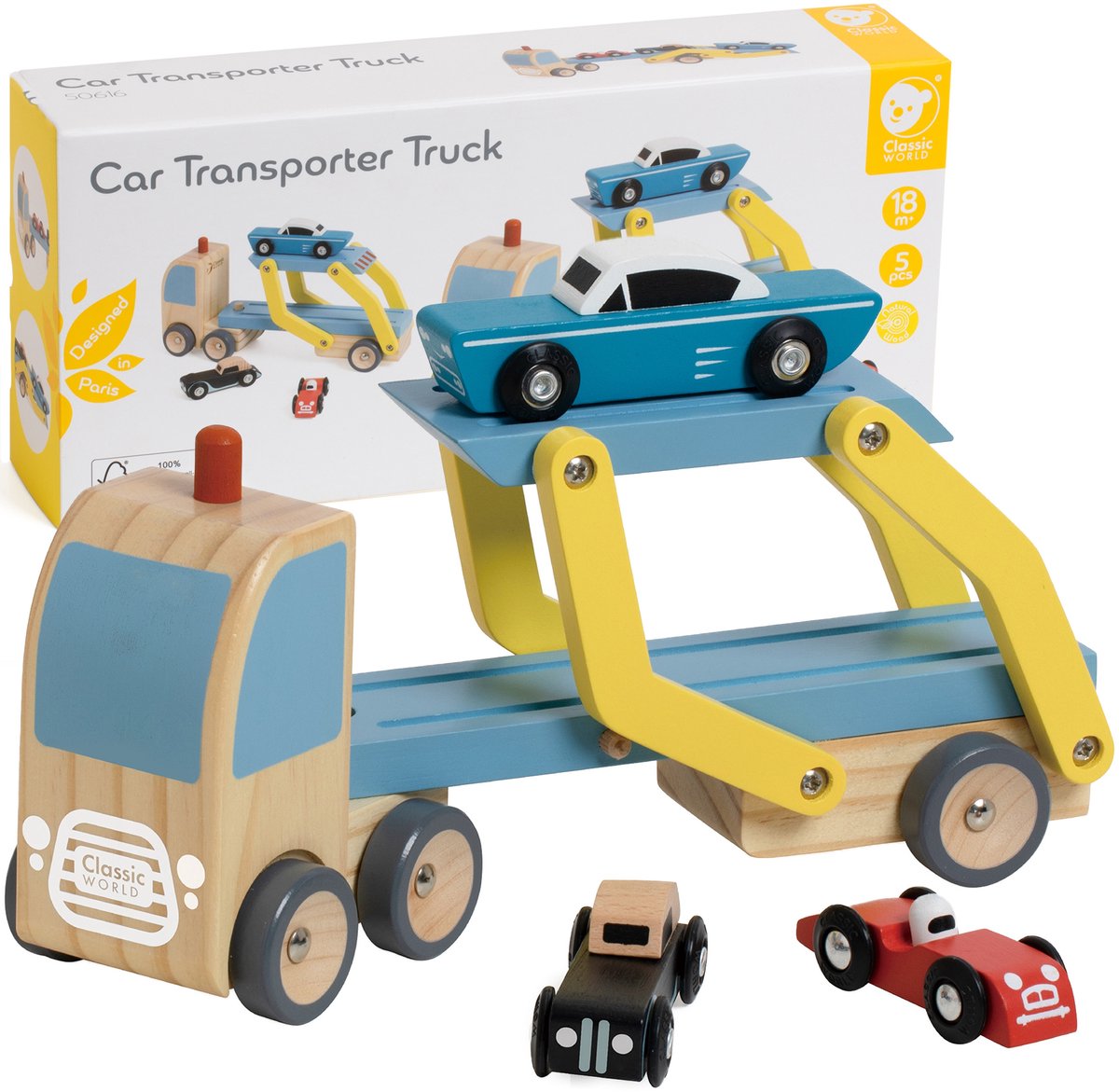 Lobbes Speelgoed BV Classic world houten transporter met 3 auto's