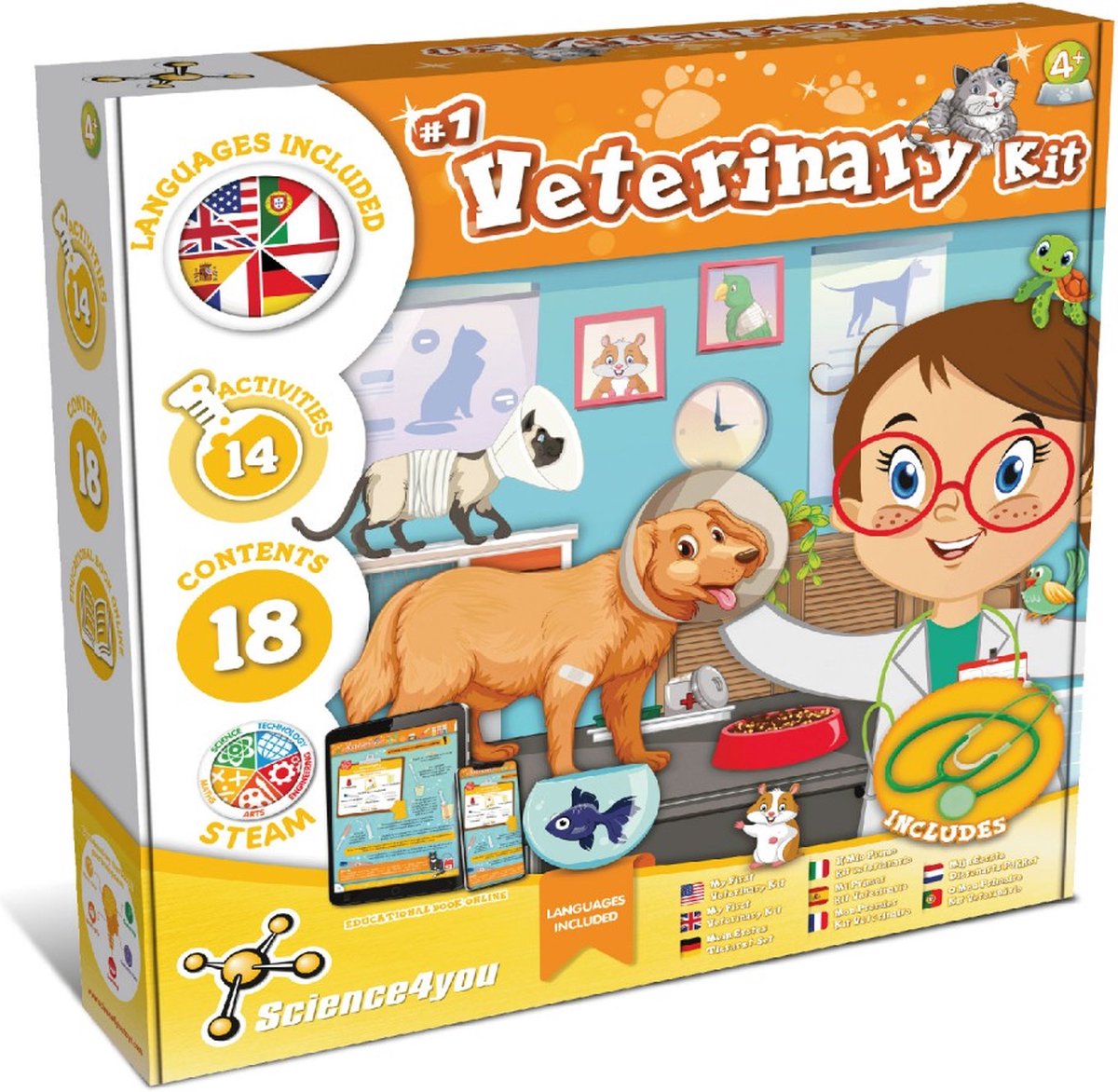 Science 4 You Science4you veterinary kit – speelset met jas, stethoscoop educatief boek – leerzaam dierenarts speelgoed – leeftijd 4+