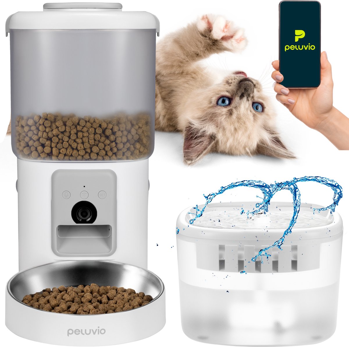 PELUVIO feast voerdispenser met camera drinkfontein – 4,5l automatische voerbak kat met app – 3mp night vision – 2,5l waterfontein met filters – wifi – 5 maaltijden per dag – rvs bak – noodvoeding op batterij