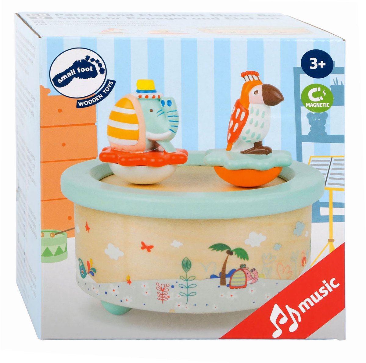 Small Foot - houten muziekdoos papegaai en olifant