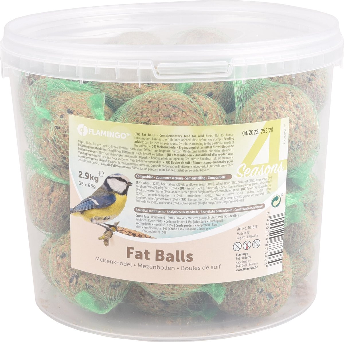 Flamingo Vogelvoer – four seasons mezenbollen met net – emmer 35 stuks – 2.9 kg – rijk aan zaden vetten – voor buitenvogels