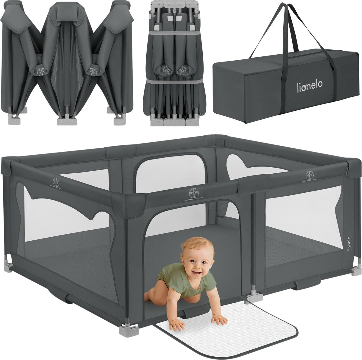 Lionelo Grondbox baby box – zeer snel inklapbaar – 150x180 cm – voor thuis en tuin – 0-48 maanden – veilige kinderbox – draagtas – compact na inklappen – speelbox met ademend gaas – 2 zij-ingangen met rits – florence easy fold