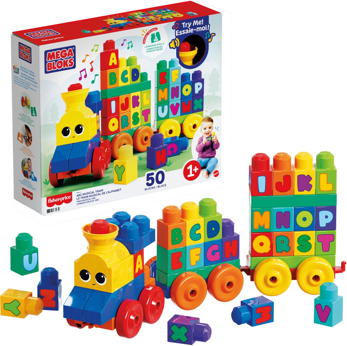 Mega Bloks abc muziektrein - educatieve bouwblokken voor 1-5 jaar - 50 blokken