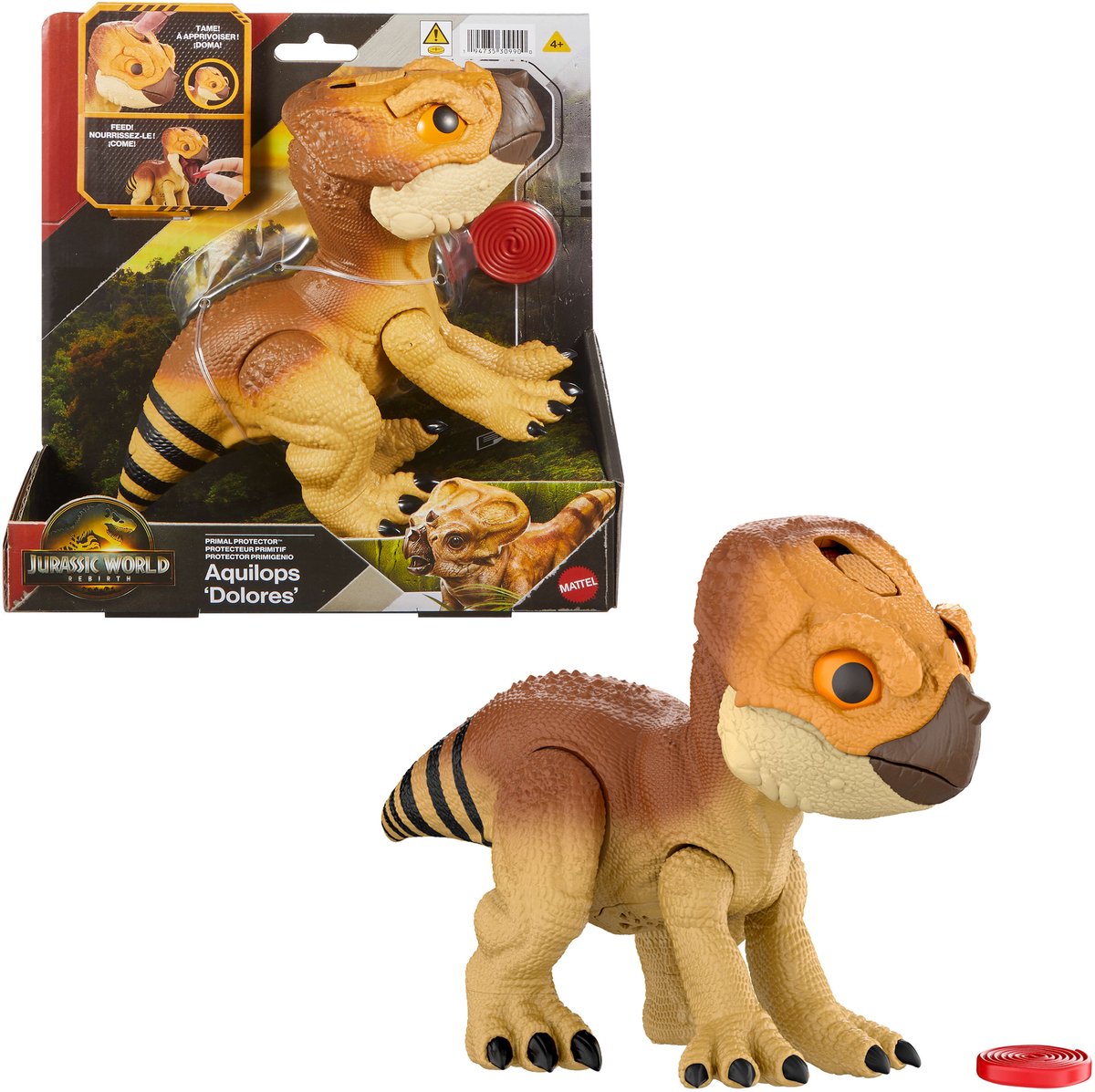 Mattel Jurassic world rebirth beschermdier aquilops 'dolores', interactief dinosaurusspeelgoed met aanvalsactie en geluiden, elektronisch figuur in dierenvriendjesstijl, met voedselaccessoire