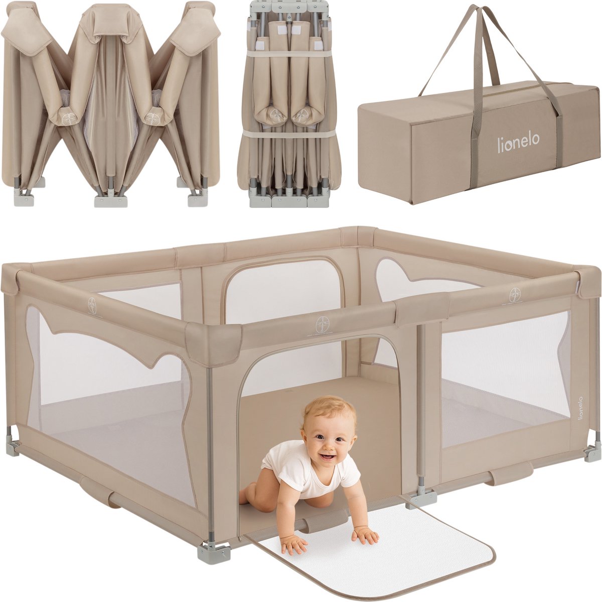 Lionelo Grondbox baby box – zeer snel inklapbaar – 150x180 cm – voor thuis en tuin – 0-48 maanden – veilige kinderbox – draagtas – compact na inklappen – speelbox met ademend gaas – 2 zij-ingangen met rits – florence easy fold