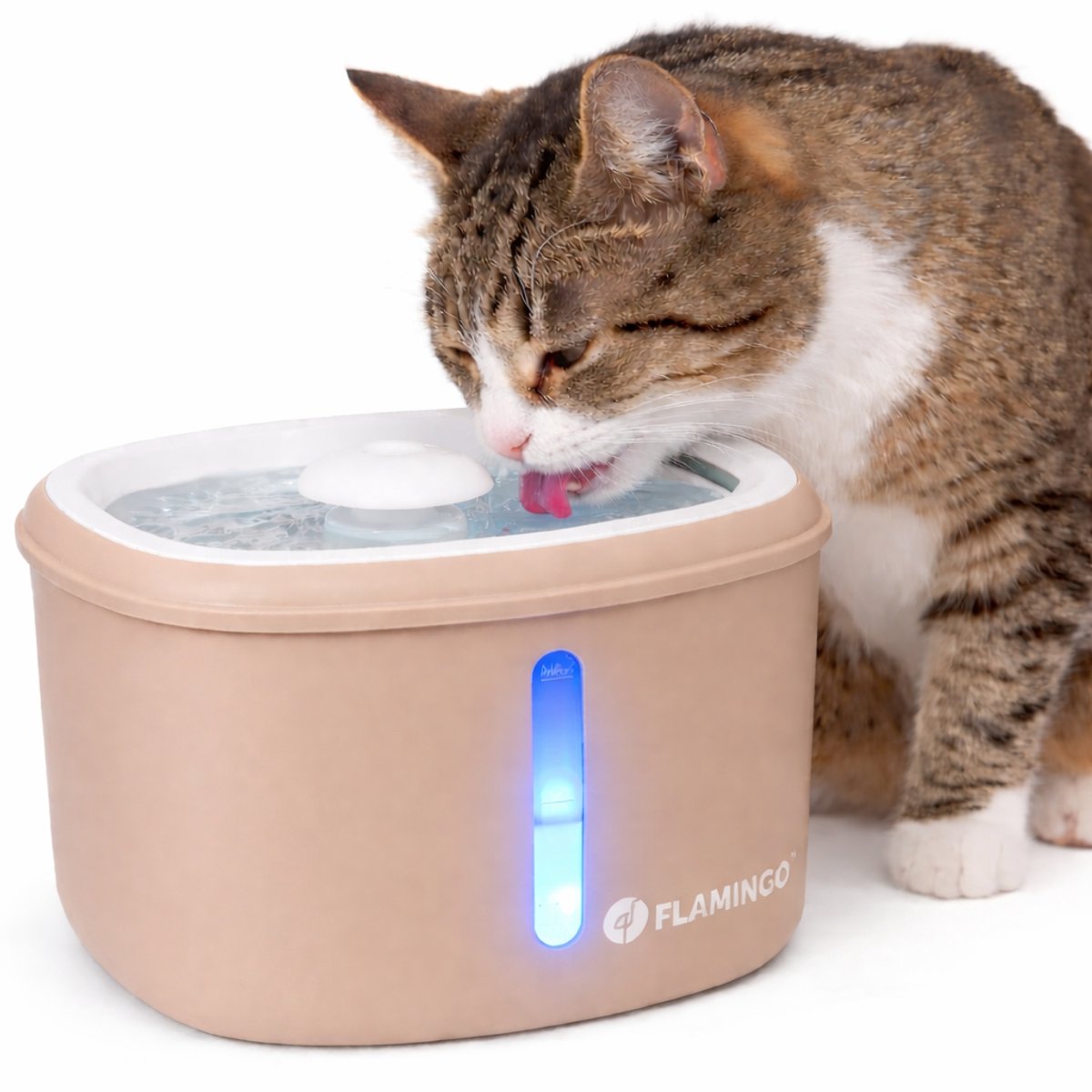 Flamingo Drinkfontein kat – hond – 2,5l – beige – met koolstoffilter kunstharsfilter – stille pomp – lichtindicator – usb-kabel 150 cm – finto