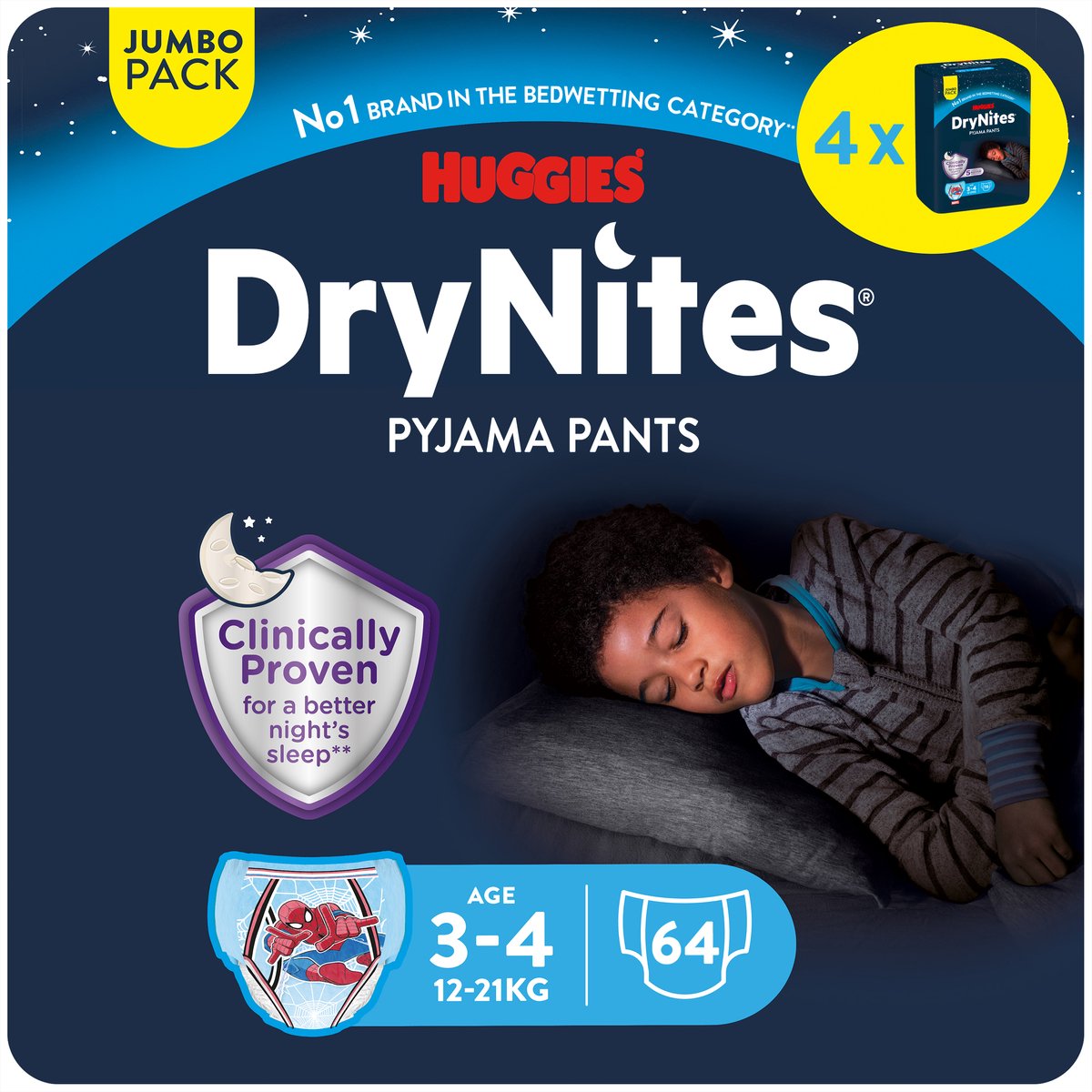 DryNites Huggies luierbroekjes - jongens - 3 tot 4 jaar (12 - 21 kg) - 64 nachtbroekjes - extra voordeel