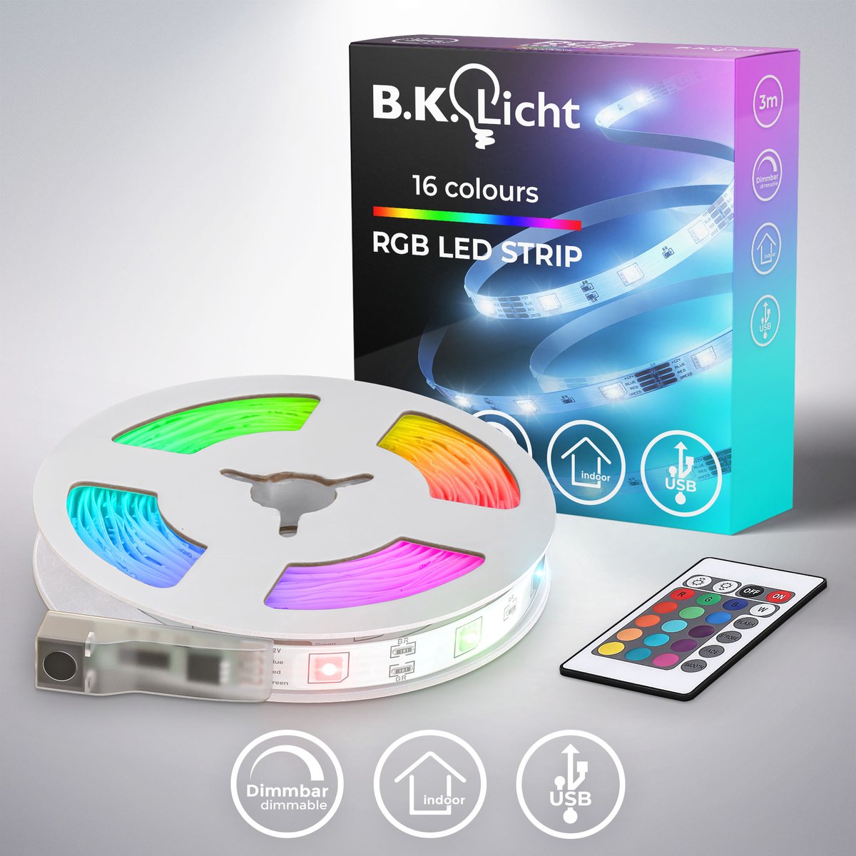 B.K.Licht - led strip - 3 meter led lights - met usb - rgb - dimbaar - gekleurd licht - met afstandsbediening