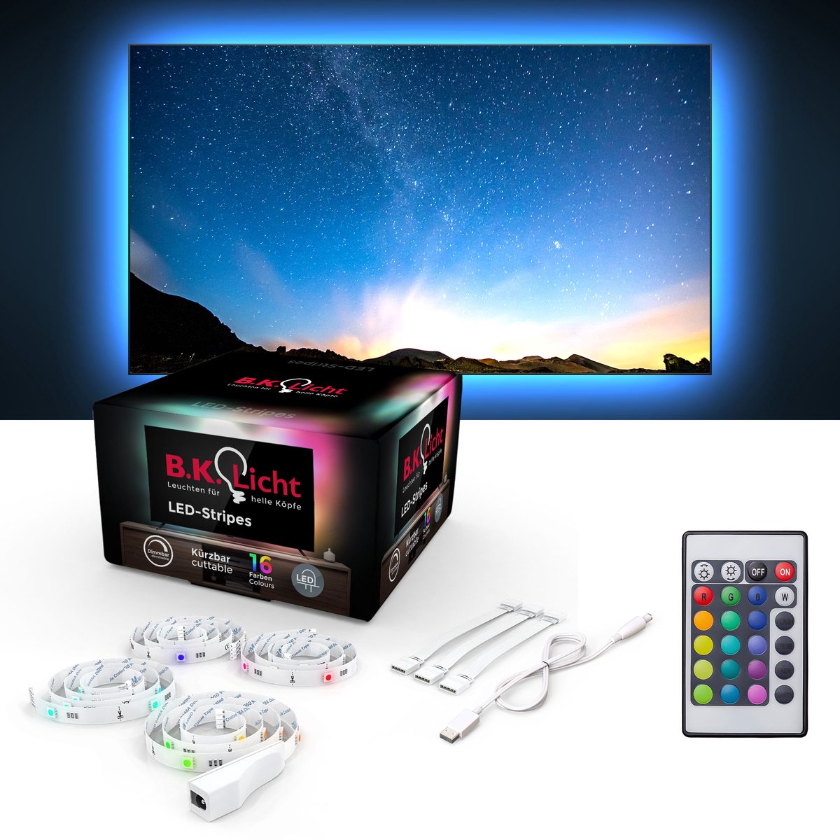 B.K.Licht - led strip - 2 meter - met rgb - auto usb - met afstandsbediening - zelfklevend - voor tv pc - gaming accesoires