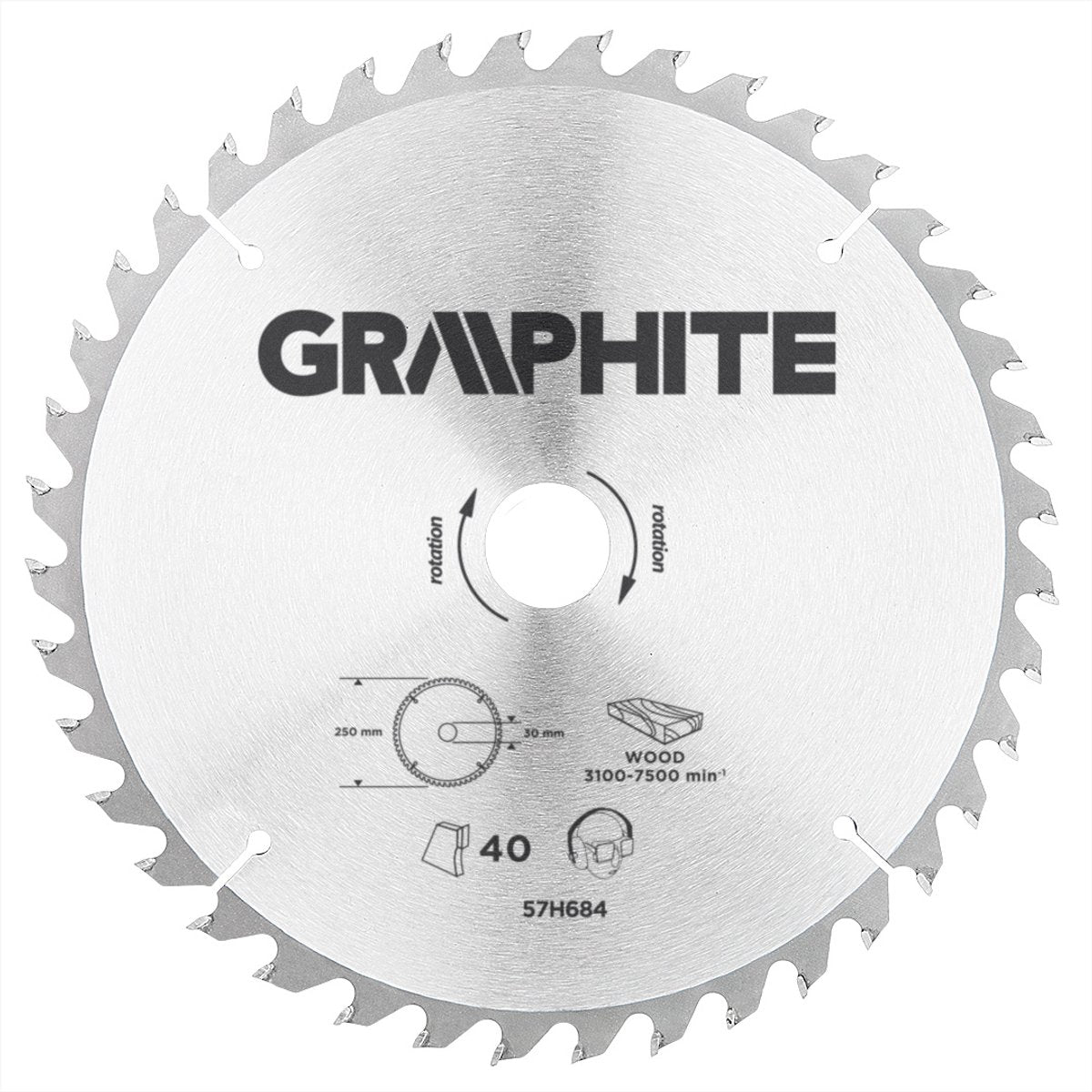 Graphite circelzaagblad voor hout 250mm, asgat 30mm, tanden 40, dikte 3,2, vulringen 16 20 25, tct