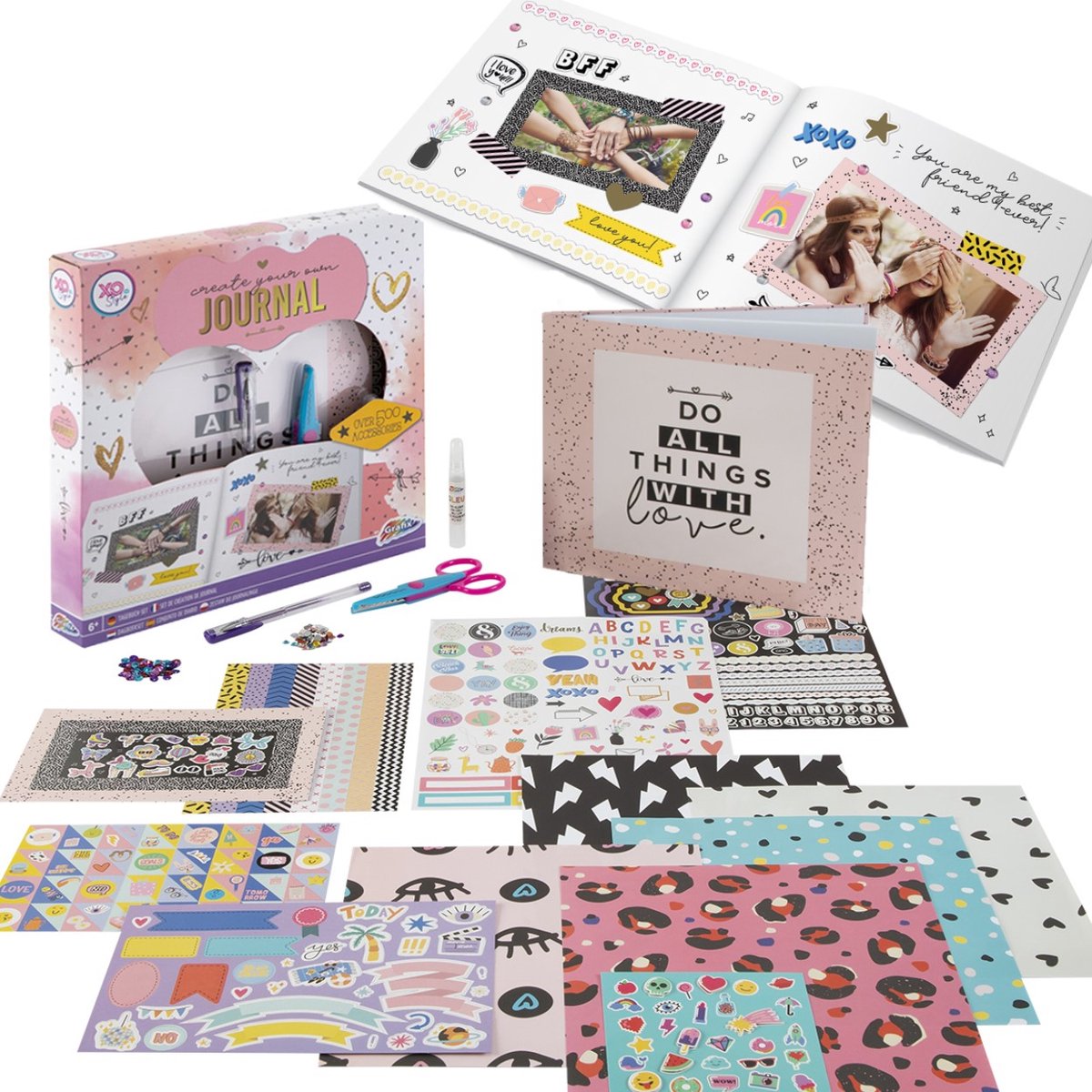 Grafix journaling set voor meisjes | dagboek set met méér dan 500 accessoires | notitieblok - dagboek - gelpen - kartelschaar - lijmstift - scrapbook - stickers - voorgesneden vormen - 3d stickers - pailletten - gemstones