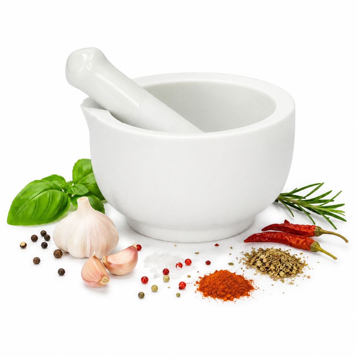 Alpina Kitchen Home Alpina vijzel met stamper keramiek - kruidenmolen en specerijenmaler - mortier met schenktuit - geschikt voor pesto, knoflook, noten, sauzen en meer - wit