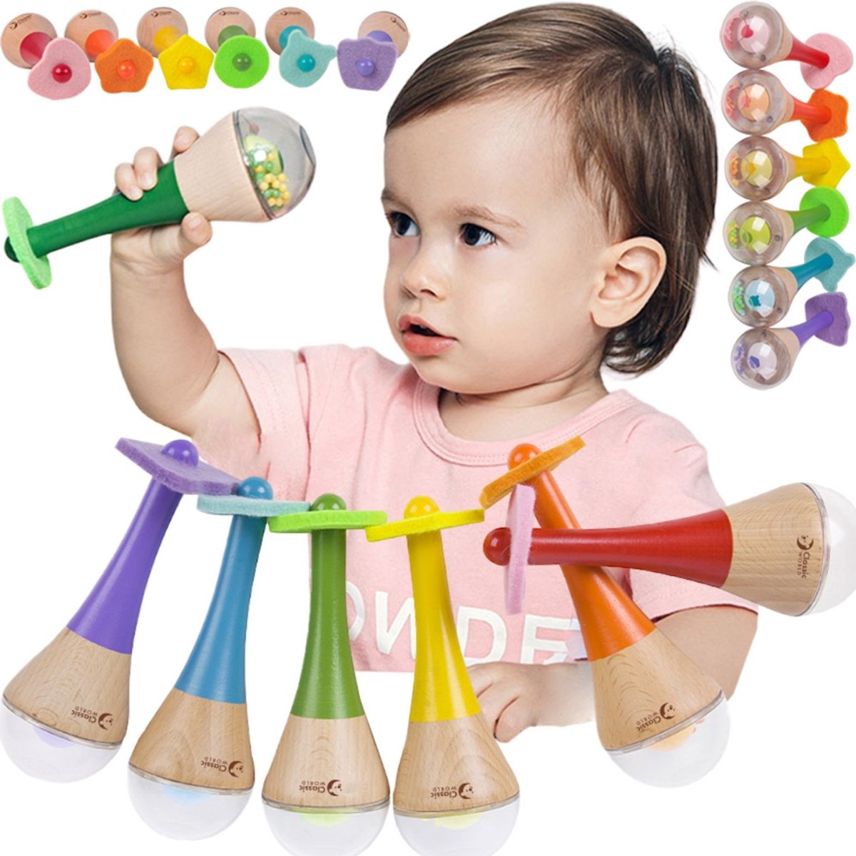 Classic World rammelaar 2 in 1 houten regenboog maracas instrument 1 st. - uni