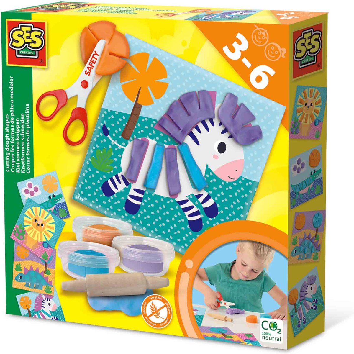SES Creative Ses - klei vormen knippen - 3 kleuren klei (3x40g) - met veilige kinderschaar en herbruikbare klei kaarten - glutenvrij