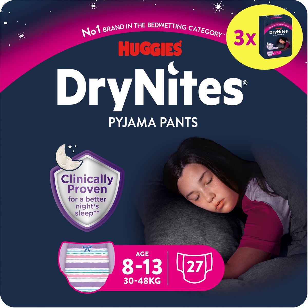 DryNites Huggies luierbroekjes - meisjes - 8 tot 13 jaar (30-48 kg) - 27 stuks - voordeelverpakking