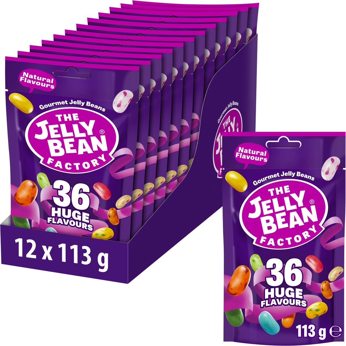 THE JELLY BEAN FACTORY uitdeelcadeautjes jelly beans snoep voor kinderen - traktatie uitdeelzakjes - verjaardag - 36 verschillende smaken - 12 zakjes à 113 g snoepgoed - snoepjes