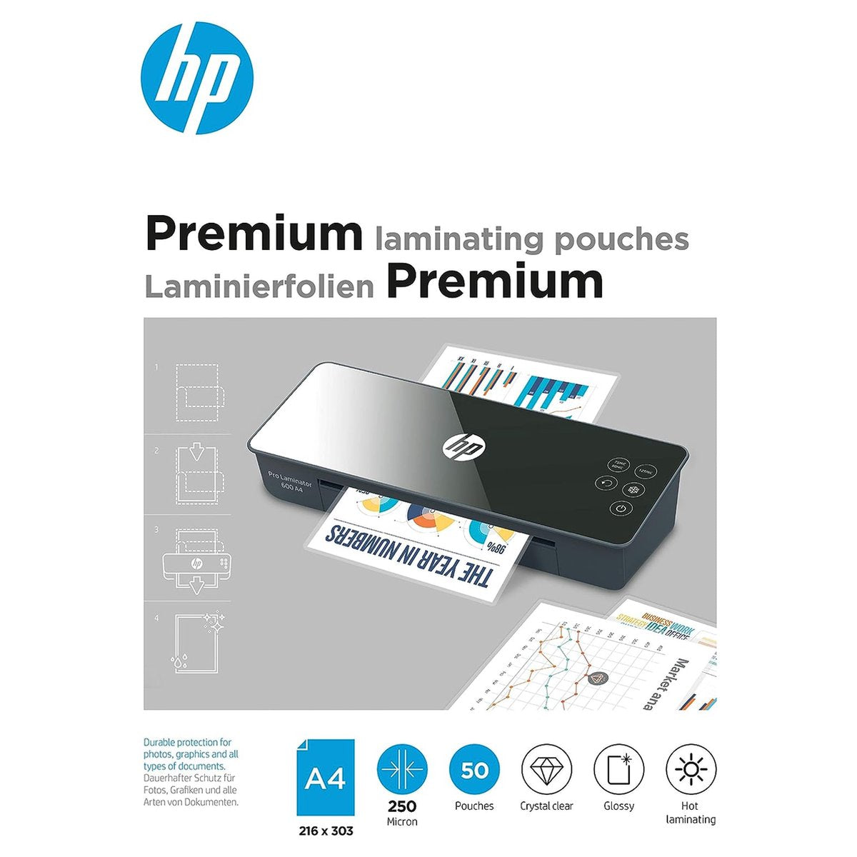 HP 9125 premium lamineerfolies a4 - lamineerhoezen voor warm lamineren - glanzend - 250 micron - 50 stuks