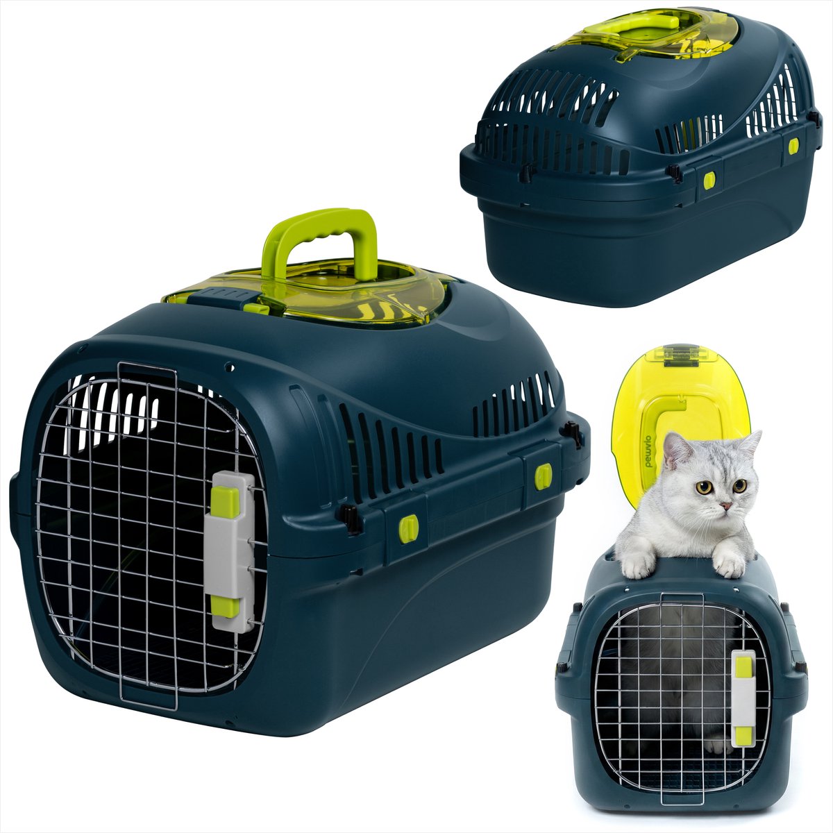 PELUVIO safy katten vervoersbox – reismand -draagtas voor katten tot 5 kg – lichtgewicht inklapbaar – stevige pp-behuizing metalen deur – goede ventilatie – uitneembaar rooster water- voerbakje – veilig comfortabel onderweg