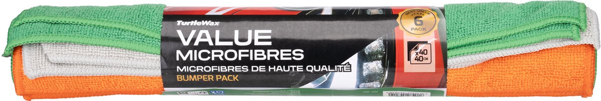 Turtle Wax value microfibres - 6 stuks - kleurgecodeerd - groen, oranje en grijs voor eenvoudige identificatie - voor gebruik op lak, glas interieuroppervlakken - 40x40cm