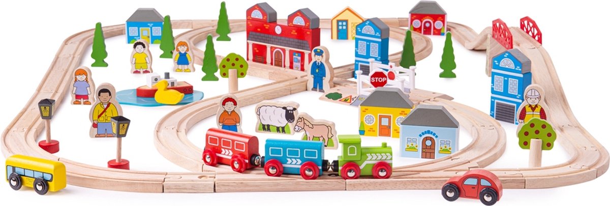BIGJIGS houten treinset stad en land, 101dlg.