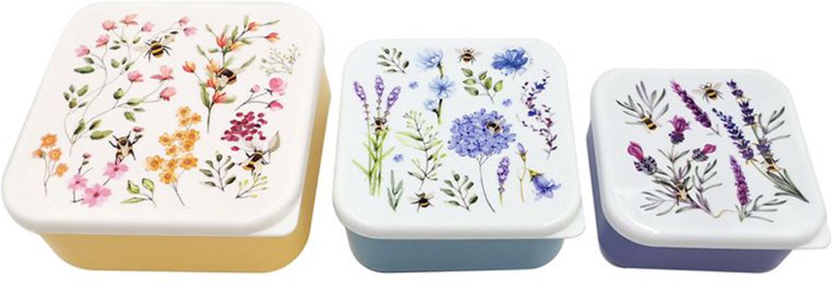 Puckator Lunch box snack pots - set van 3 - m l xl - nectar meadows - wilde bloemen bijen - 6x13,5x13,5cm(xl)