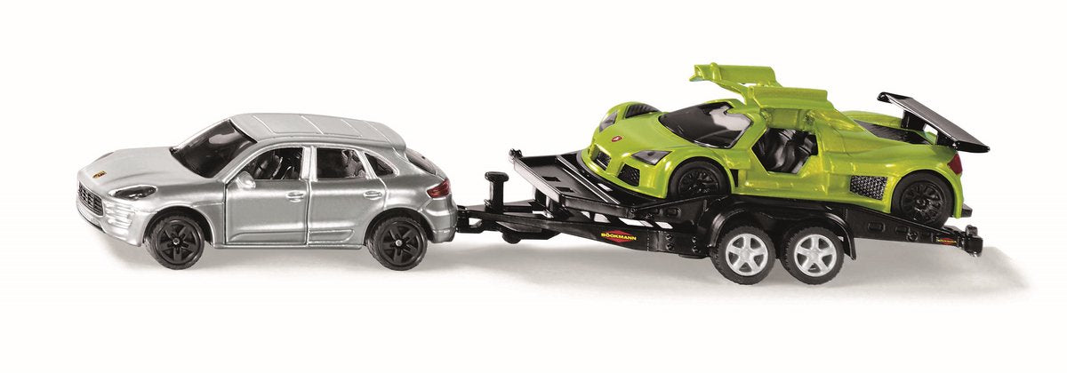 SIKU 2544, porsche macan met transportaanhanger en sportwagen gumpert apollo, schaal 1:55, metaal kunststof