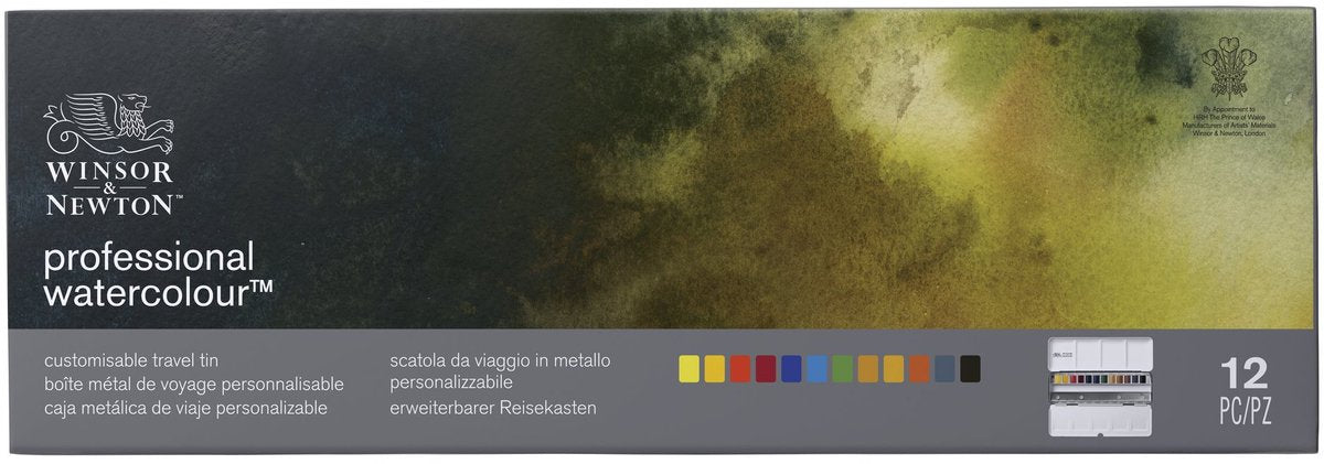 Winsor Newton 0193548 professionele waterverf set – 12 halve pans in customiseerbare reistrolley, hoogwaardige aquarelverf