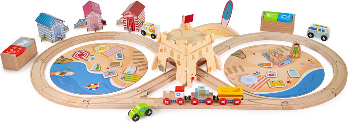 BIGJIGS houten treinset zeekust opruimen, 70dlg.