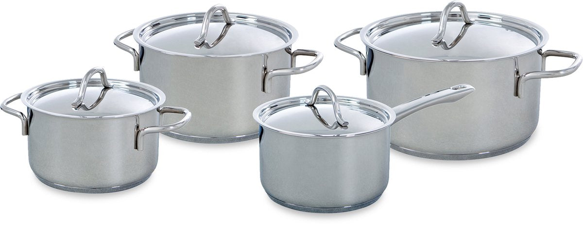 BK profiline pannenset 4-delig - 16 18 20cm - zonder pfas-vrije antikleeflaag - pannenset inductie - rvs kookpan - ovenbestendig tot 160°c - met deksel - zilver