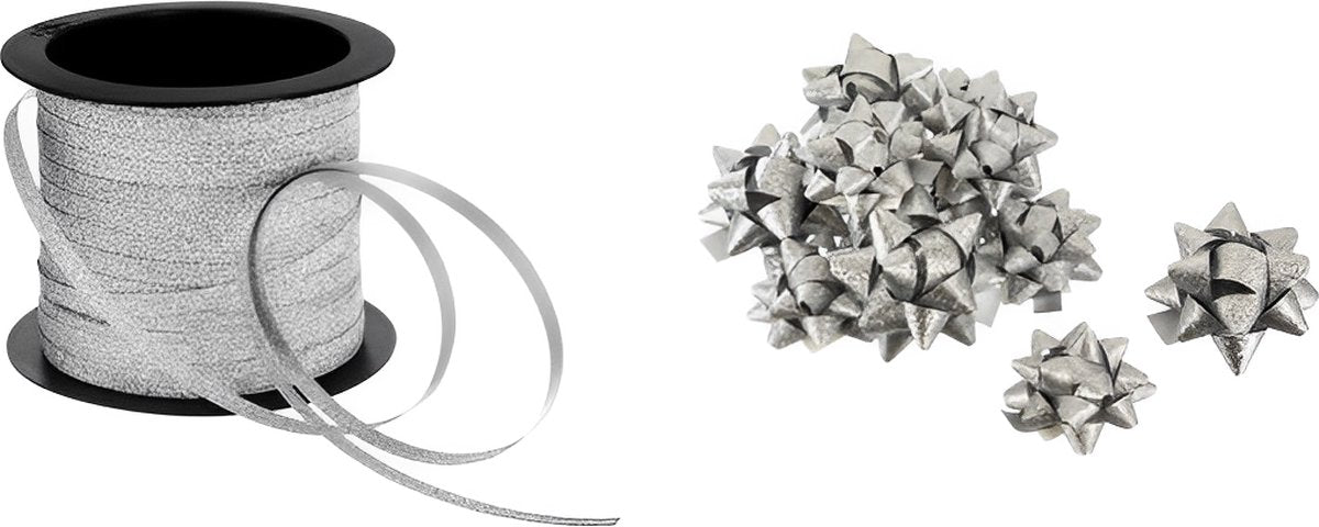 Merkloos Sans Marque Zilver lint voor geschenkverpakkingen 5mm x 20m + 12 x ster mat zilver 6cm cadeaustrikken - starbows - met plakstrip - decoratie strikken inpaklint krullint sierlint inpak lint cadeaulint rol bolduc