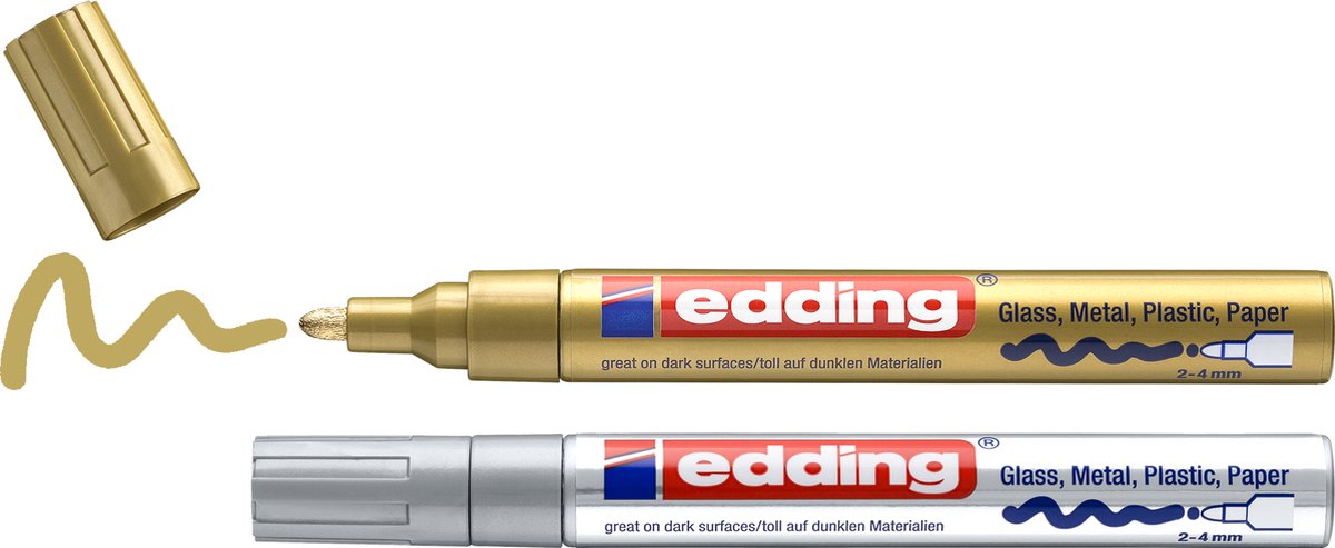 Edding 750 2 lakmarker - 2 stuks - goud, zilver - ronde punt 2-4mm - verfstift voor markeren en labelen van metaal, glass, steen of plastic - permanent, veegvast en watervast