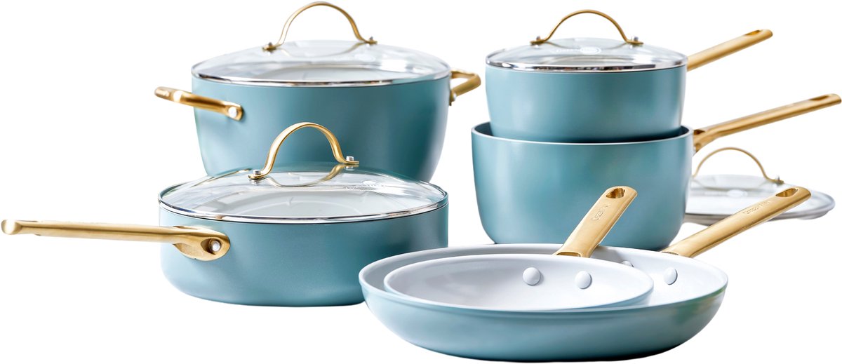 GreenPan padova smokey blue pannenset 10-delig - 18-28cm - pfas-vrije antikleeglaag - pannenset inductie - keramische pan - met deksels - ovenbestendig tot 200 graden - smokey blue