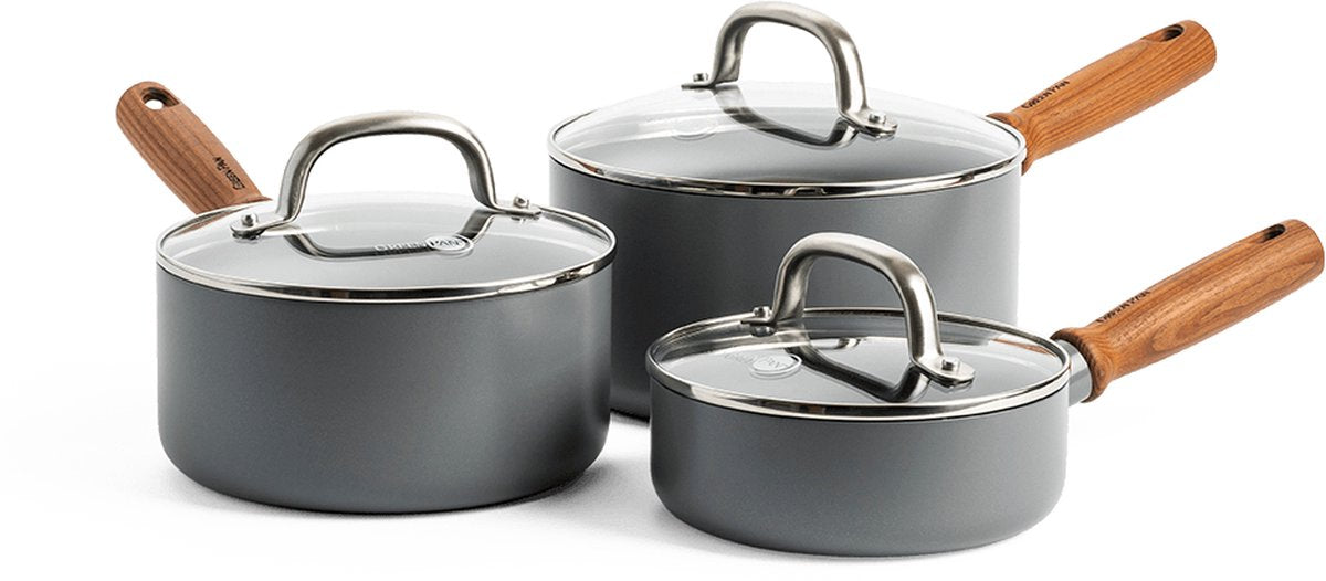 GreenPan mayflower pro keramische pannenset 6-delig - 16, 18 en 20 cm - inductie pannenset - inductie steelpannenset - inductie steelpan - met glazen deksels - pfas-vrij - grijs - houten handvat