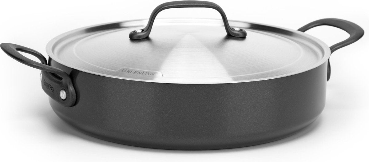 GreenPan craft aluminium hapjespan met deksel ø30cm – 4.9l - pfas-vrij – zwart – inductie- en vaatwassergeschikt – ovenbestendig tot 220° - gehard aluminium – rvs handgrepen – groter bakoppervlak